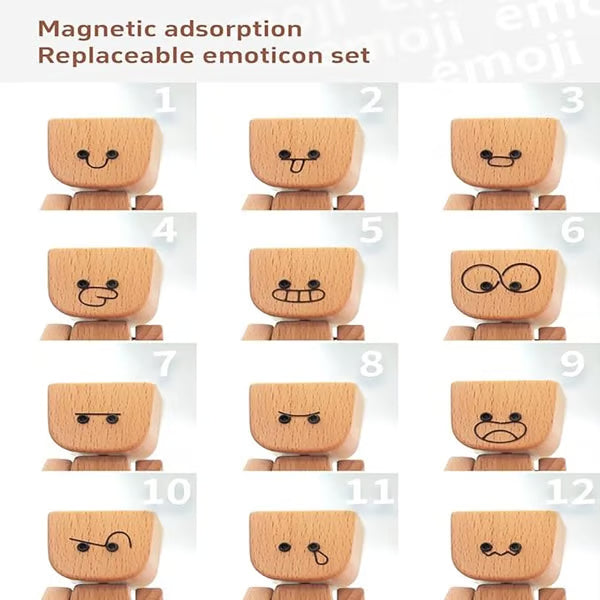 đHandmade Charming Shaking Wooden Man Figurine with 12PCS Magnetic Expressions