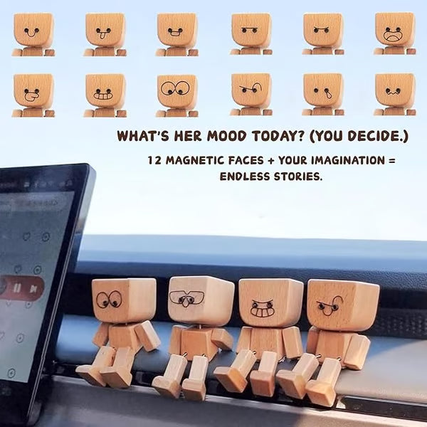 đHandmade Charming Shaking Wooden Man Figurine with 12PCS Magnetic Expressions