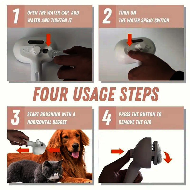 Pawzioo™ 3-in-1 Pet Steam Brush for Dogs, Cats & Rabbits - Rechargeable Deshedding Comb with Stainless Steel Bristles