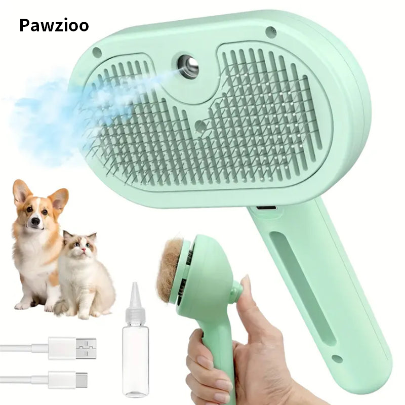 Pawzioo™ 3-in-1 Pet Steam Brush for Dogs, Cats & Rabbits - Rechargeable Deshedding Comb with Stainless Steel Bristles