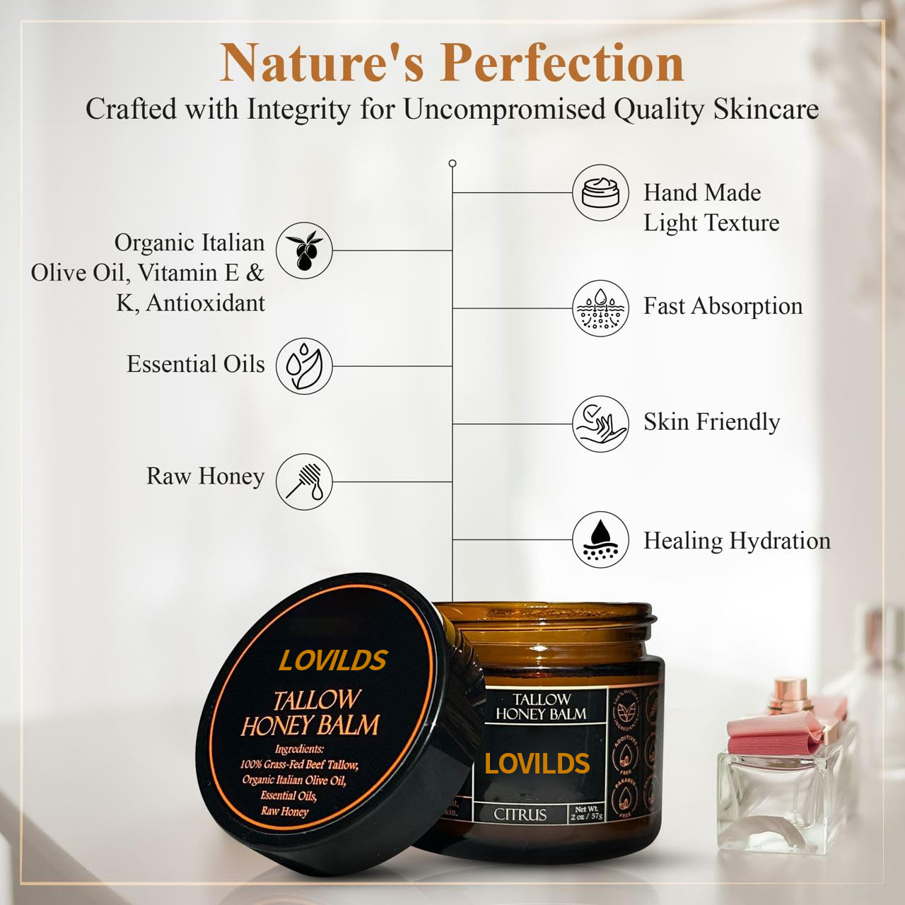 đLOVILDSâą Orange Flavoured Organic Tallow Moisturising Honey Balm