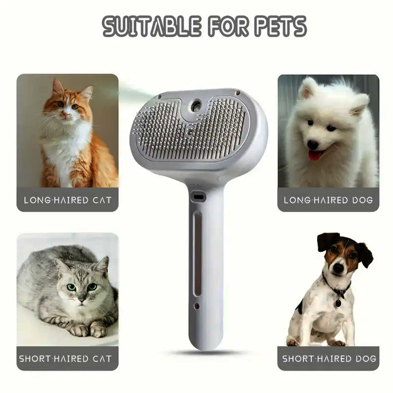 Pawzioo™ 3-in-1 Pet Steam Brush for Dogs, Cats & Rabbits - Rechargeable Deshedding Comb with Stainless Steel Bristles
