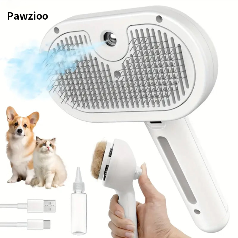 Pawzioo™ 3-in-1 Pet Steam Brush for Dogs, Cats & Rabbits - Rechargeable Deshedding Comb with Stainless Steel Bristles